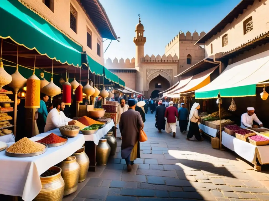 Animado mercado en un califato histórico con arquitectura detallada, textiles vibrantes y gente diversa