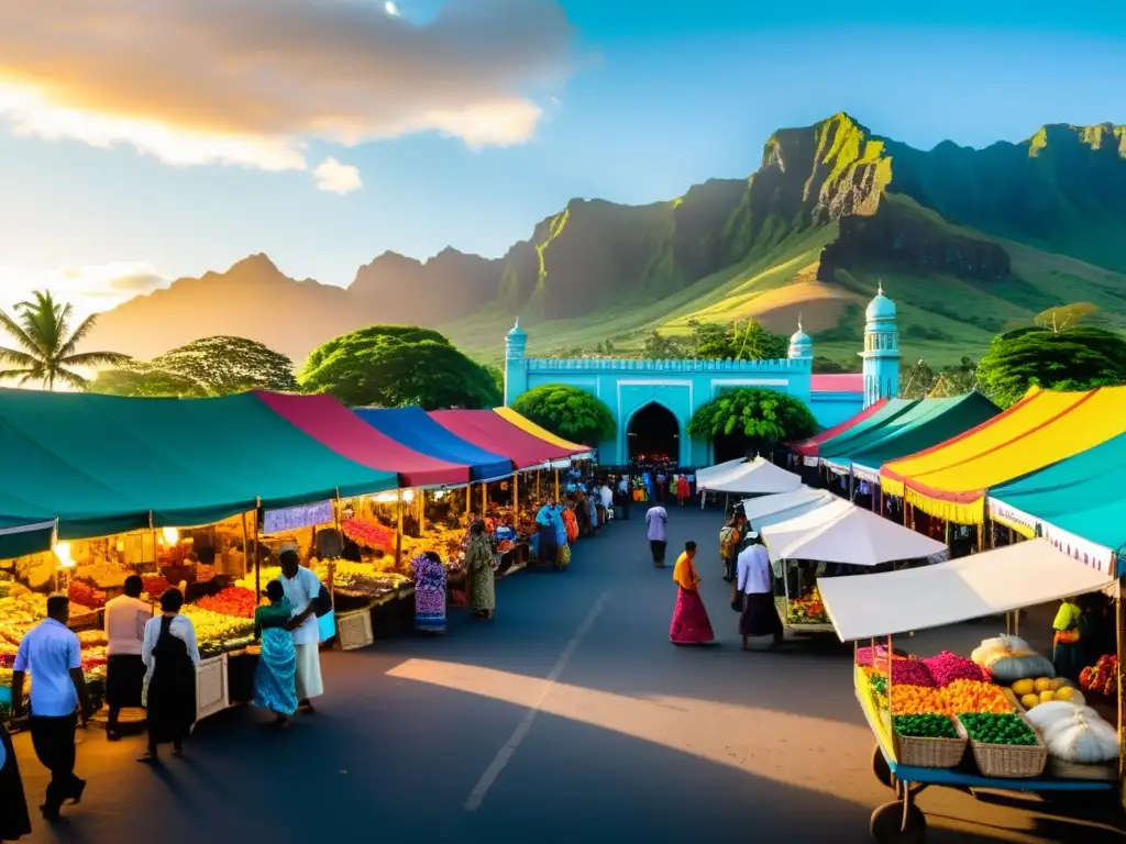 Un animado mercado callejero en Fiji, con una diversidad de personas y puestos coloridos vendiendo ropa, comida y artesanías islámicas