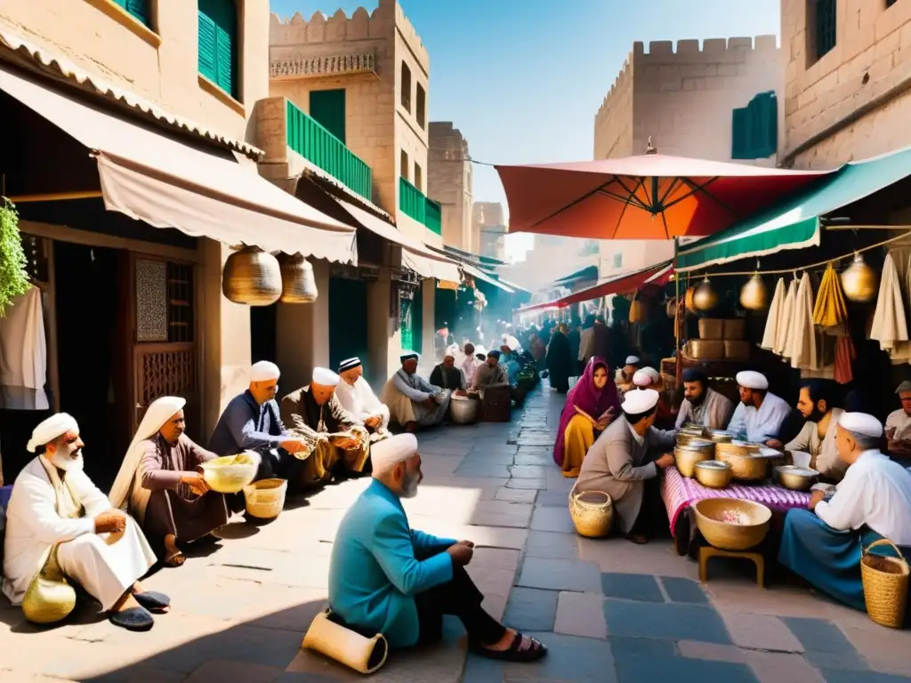 Un animado mercado en una ciudad del Medio Oriente, con calles estrechas y toldos coloridos