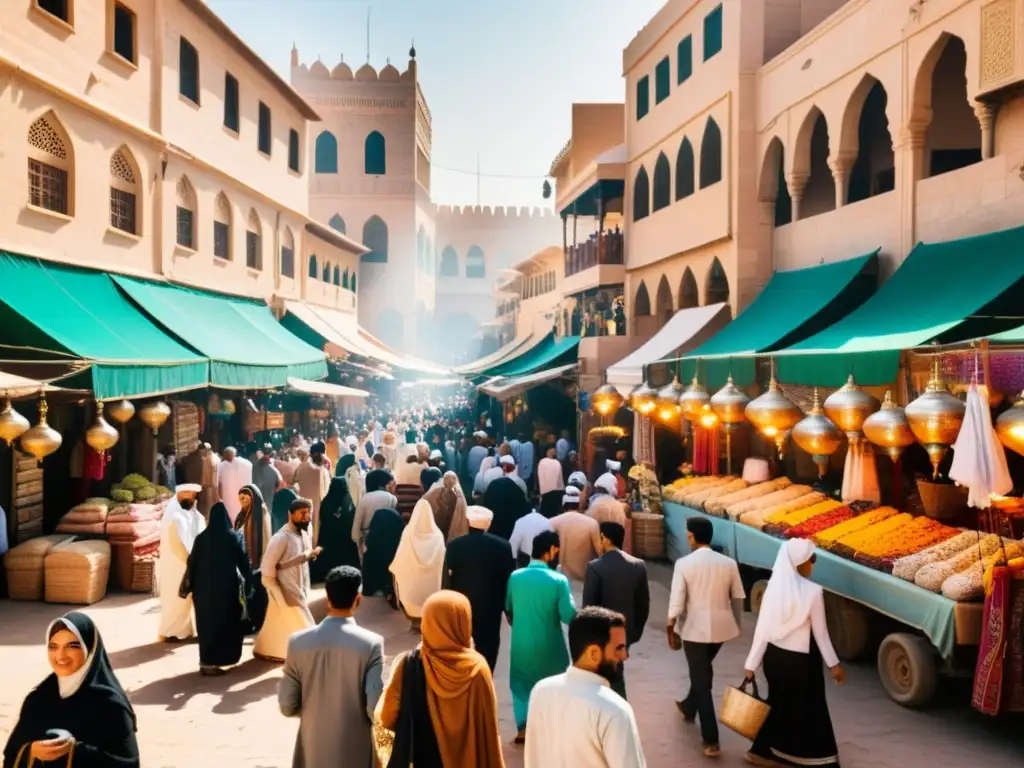 Un animado mercado en una ciudad de Oriente Medio, con colores vibrantes y patrones intricados