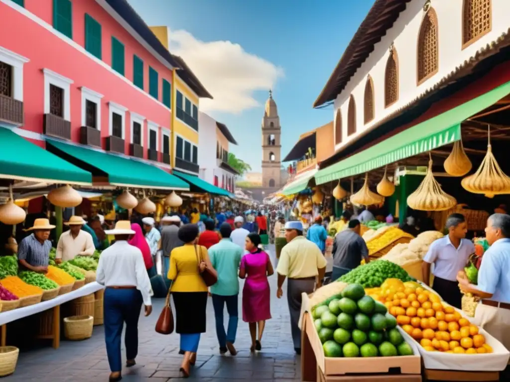 Animado mercado en ciudad histórica de América Latina, con diversidad étnica y cultural, reflejando la diáspora islámica y la diversidad