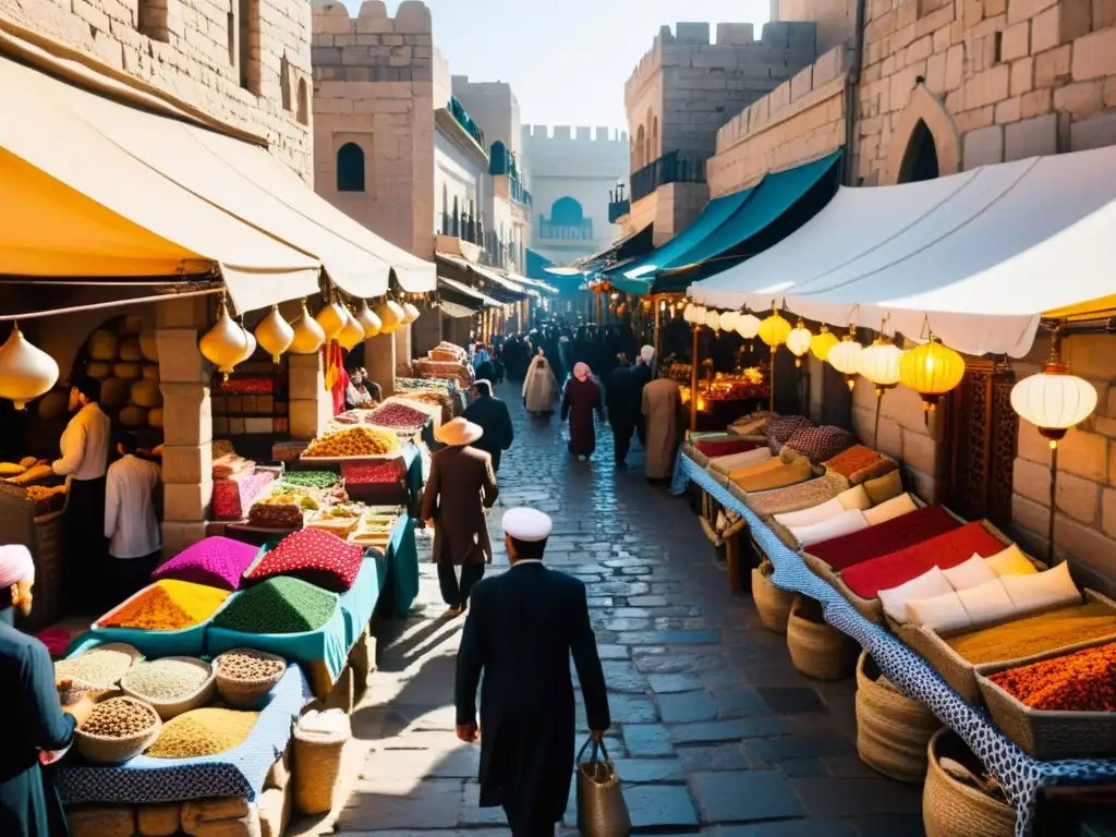 Un animado mercado en una ciudad del Medio Oriente, con edificios decorados y toldos coloridos