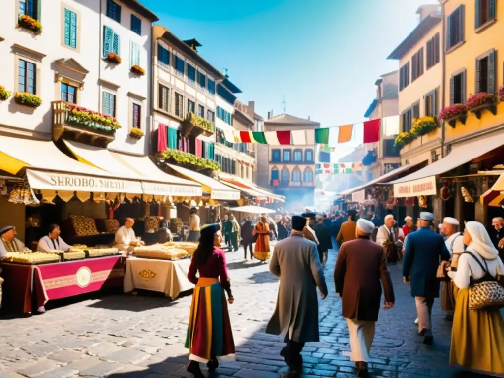 Un animado mercado en una ciudad europea histórica, con arquitectura ornamental y banderas coloridas