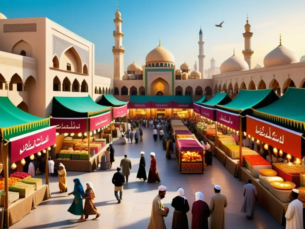 Animado mercado de Rabi' alAwwal en ciudad islámica, con festividades, comida tradicional y artesanías