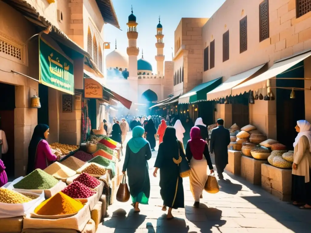 Un animado mercado en una ciudad del Medio Oriente, mujeres en hijabs coloridos conversan y examinan productos