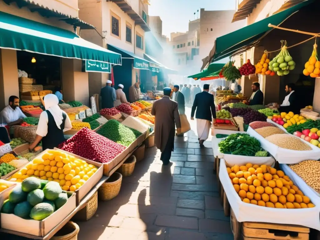 Un animado mercado en una ciudad del Medio Oriente, con productos coloridos y clientes interactuando en un ambiente cálido