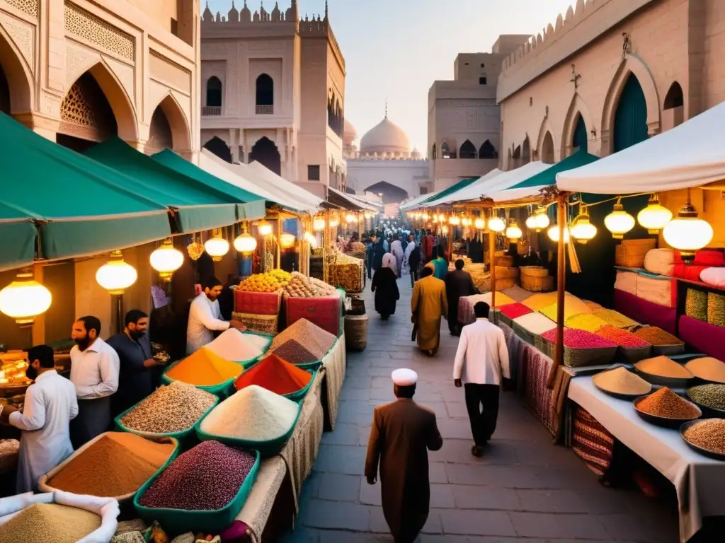 Un animado mercado en una ciudad del Medio Oriente, con puestos de colores bajo el sol poniente