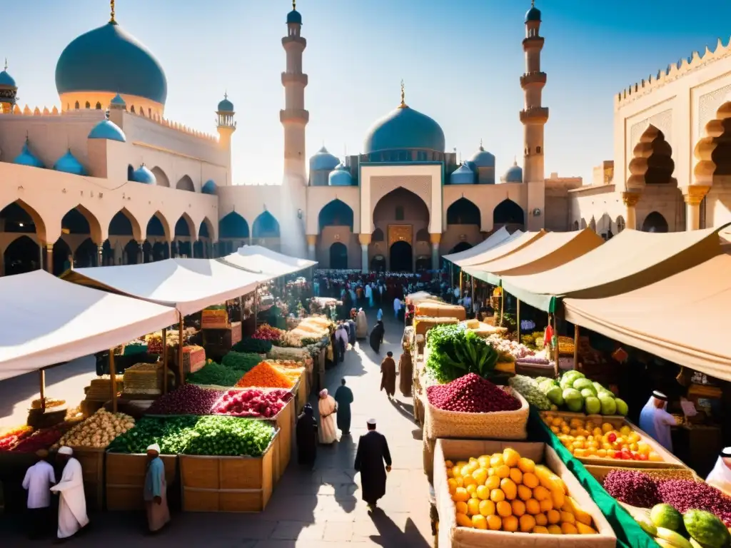 Un animado mercado en una ciudad del Medio Oriente con puestos coloridos rebosantes de frutas, vegetales y especias