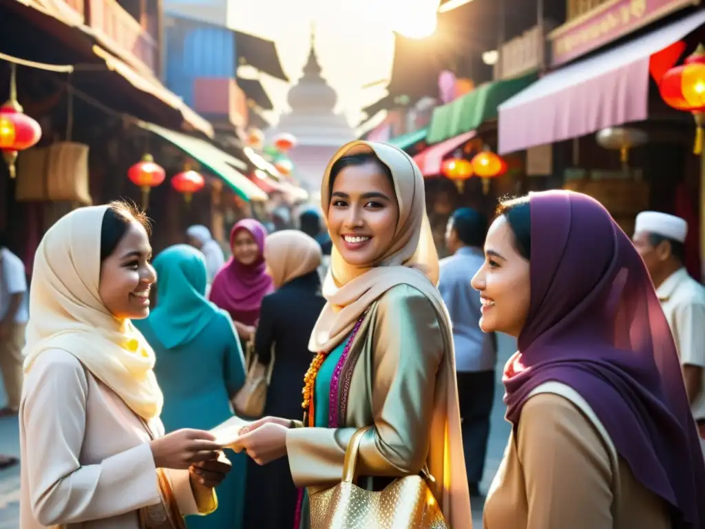 Un animado mercado en una ciudad del sudeste asiático, con mujeres musulmanas conversando con un joven y una anciana