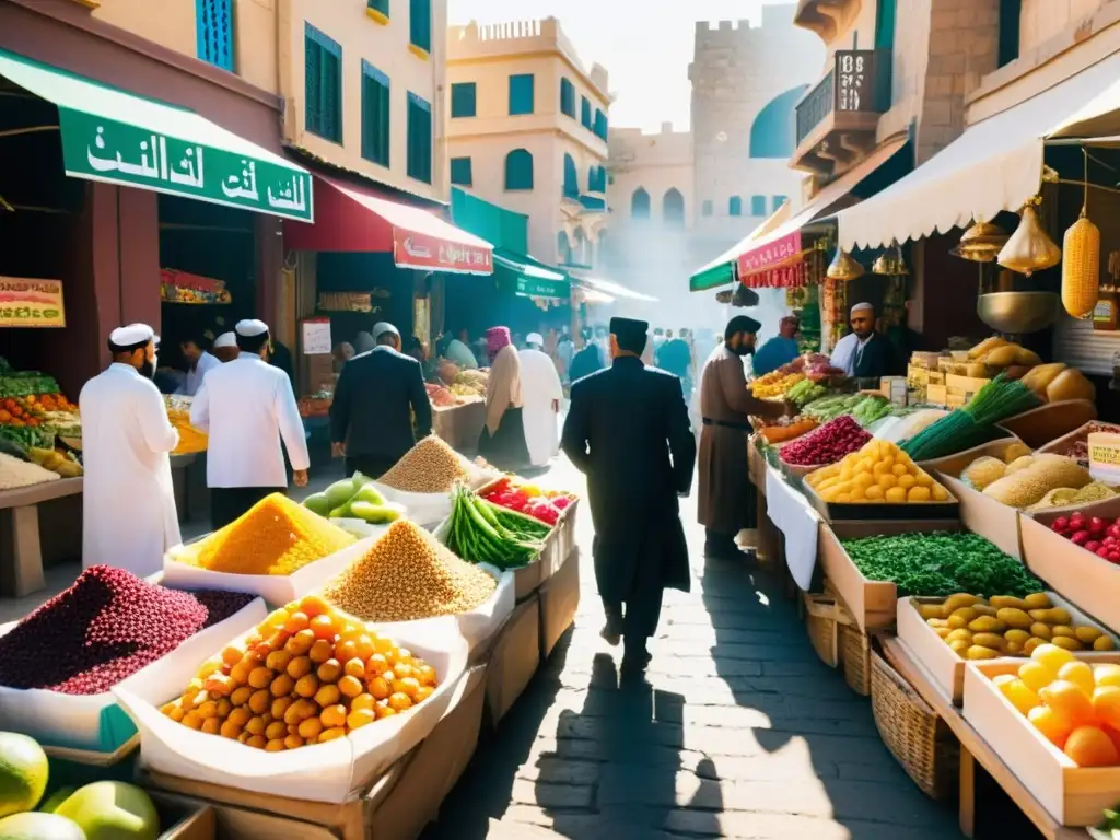 Un animado mercado en una ciudad del Medio Oriente, con vendedores ofreciendo frutas y verduras frescas y coloridas, así como una variedad de aderezos y condimentos halal tradicionales