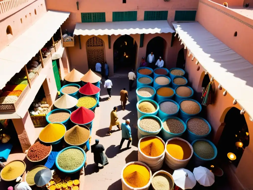 Animado mercado en Marrakech, Marruecos, con colores vibrantes y actividad