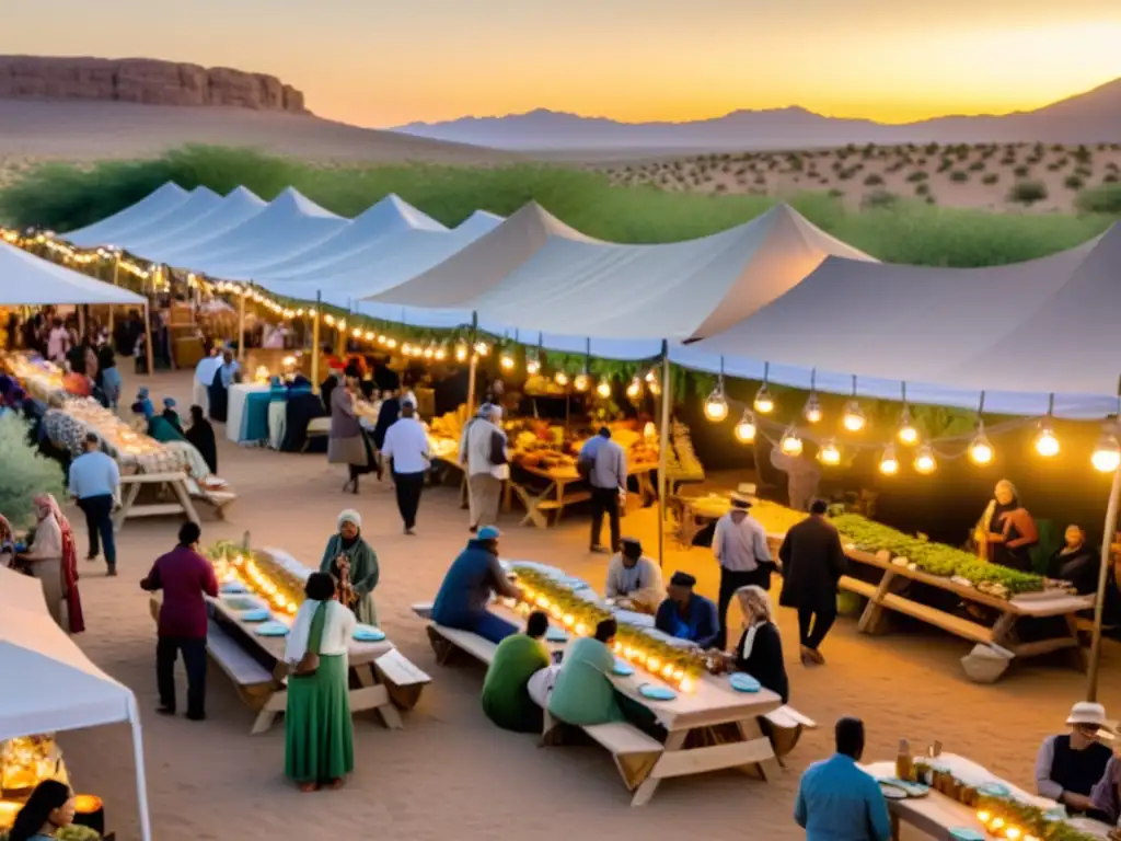 Un animado mercado en el desierto con productos sostenibles y artesanales