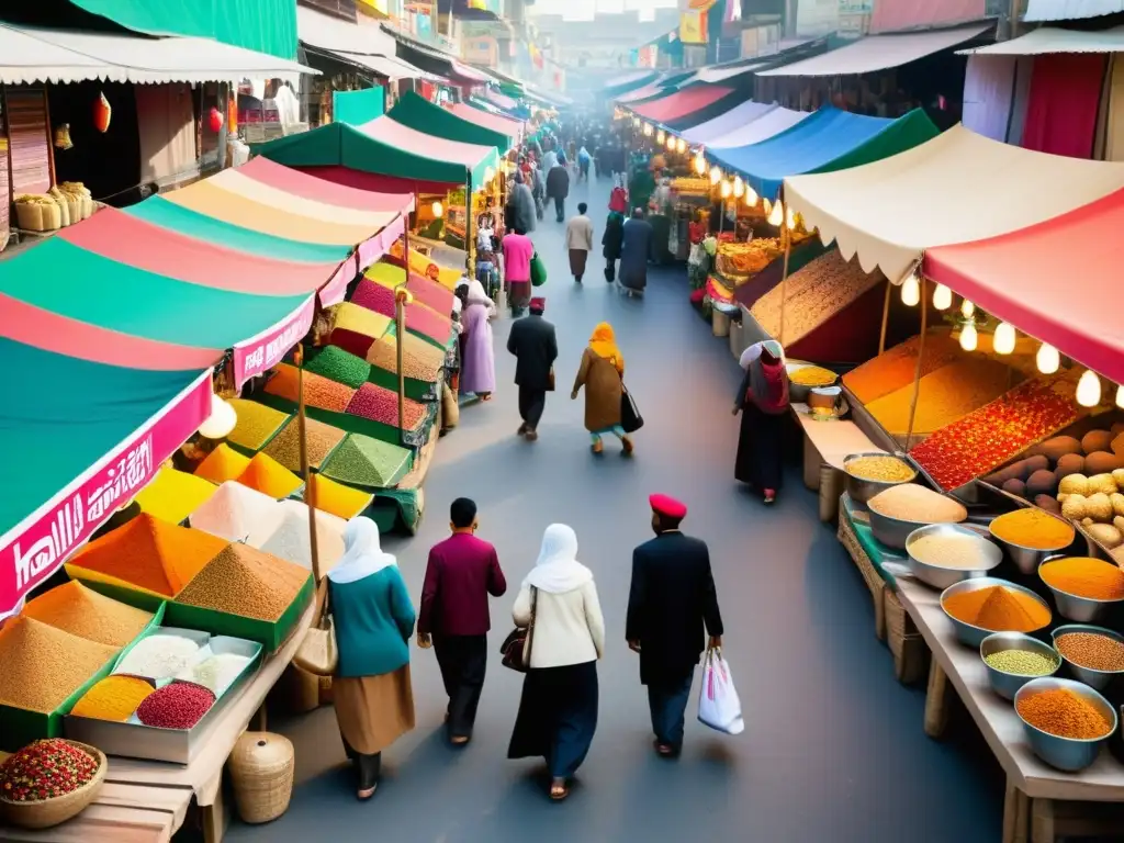 Un animado mercado en un destino turístico halal, con puestos de artesanías, especias aromáticas y deliciosa comida callejera halal