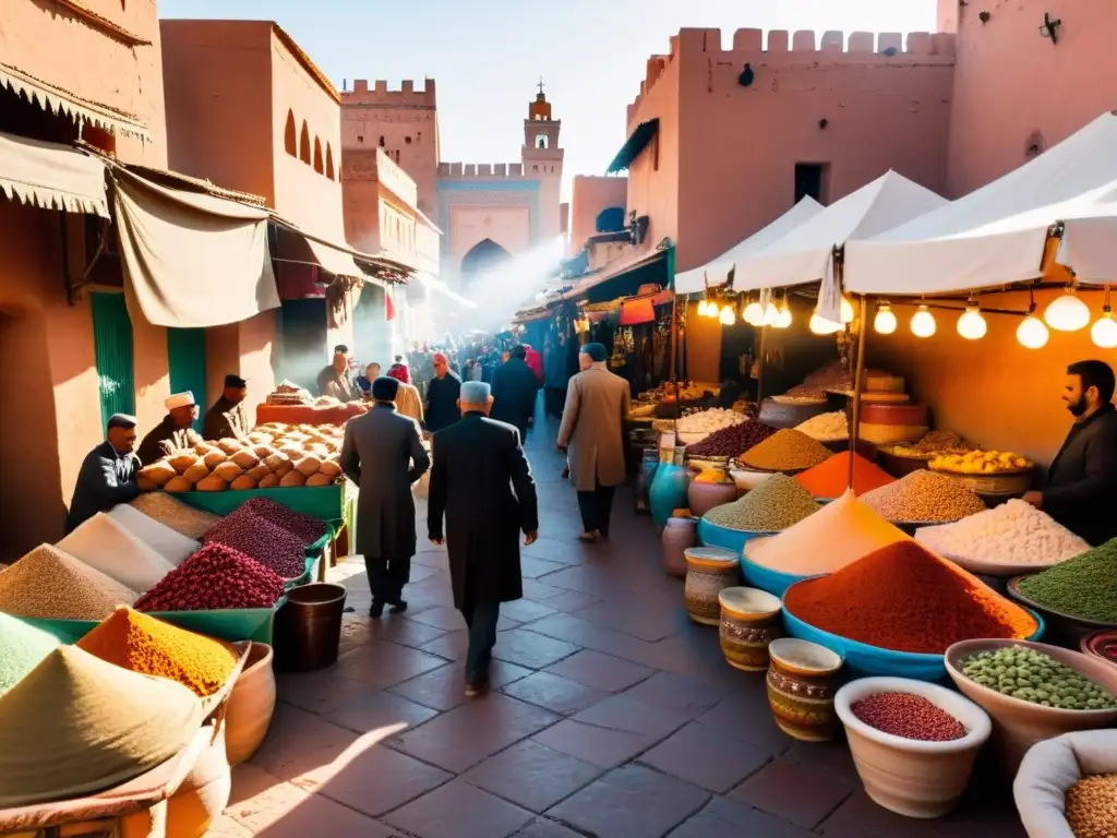 Un animado mercado en Marrakech, Marruecos, donde la diversidad cultural en el Islam se refleja en la mezcla de personas, productos y arquitectura