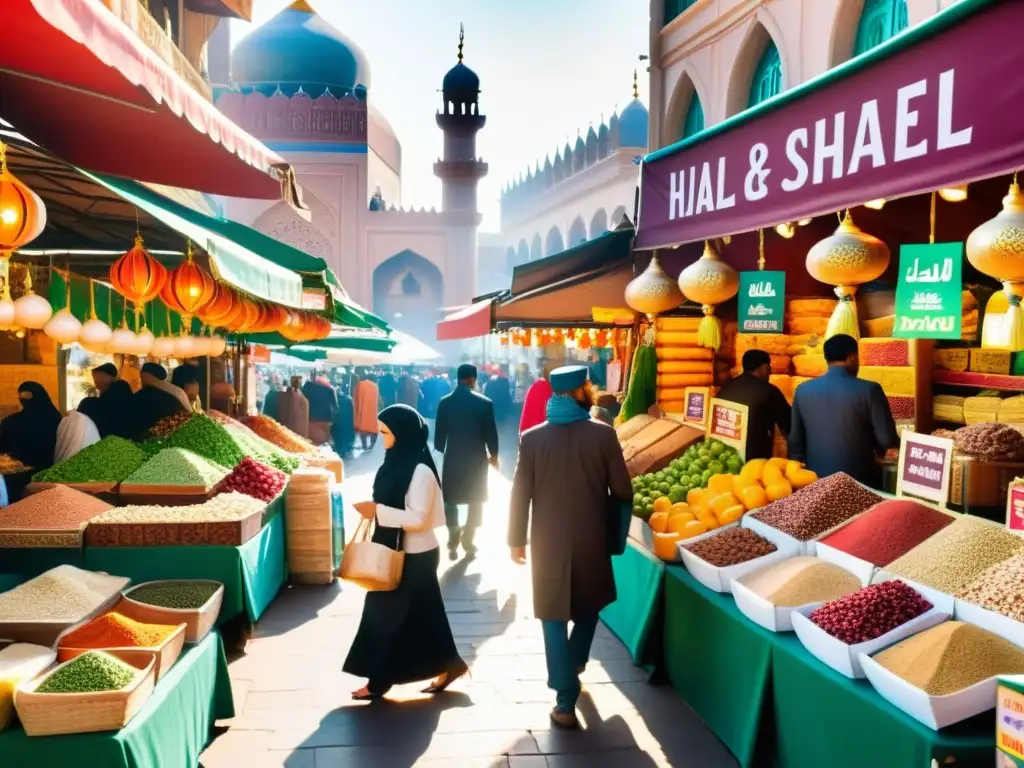 Un animado mercado global halal, con productos coloridos y arquitectura islámica, reflejando el crecimiento del mercado halal en la economía global