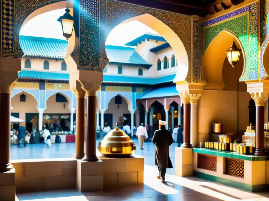 Un animado mercado en una histórica ciudad islámica, con cafeterías adornadas con coloridos azulejos y cafeteras de latón