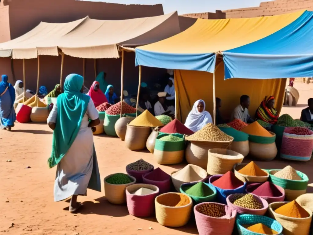 Un animado mercado en Darfur, con hombres y mujeres en trajes tradicionales, comerciando bajo toldos coloridos