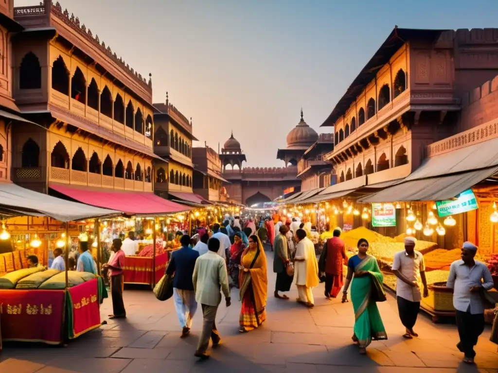 Un animado mercado en la India pre-partición, con una diversidad de personas, comercio y conversaciones bajo el cálido sol