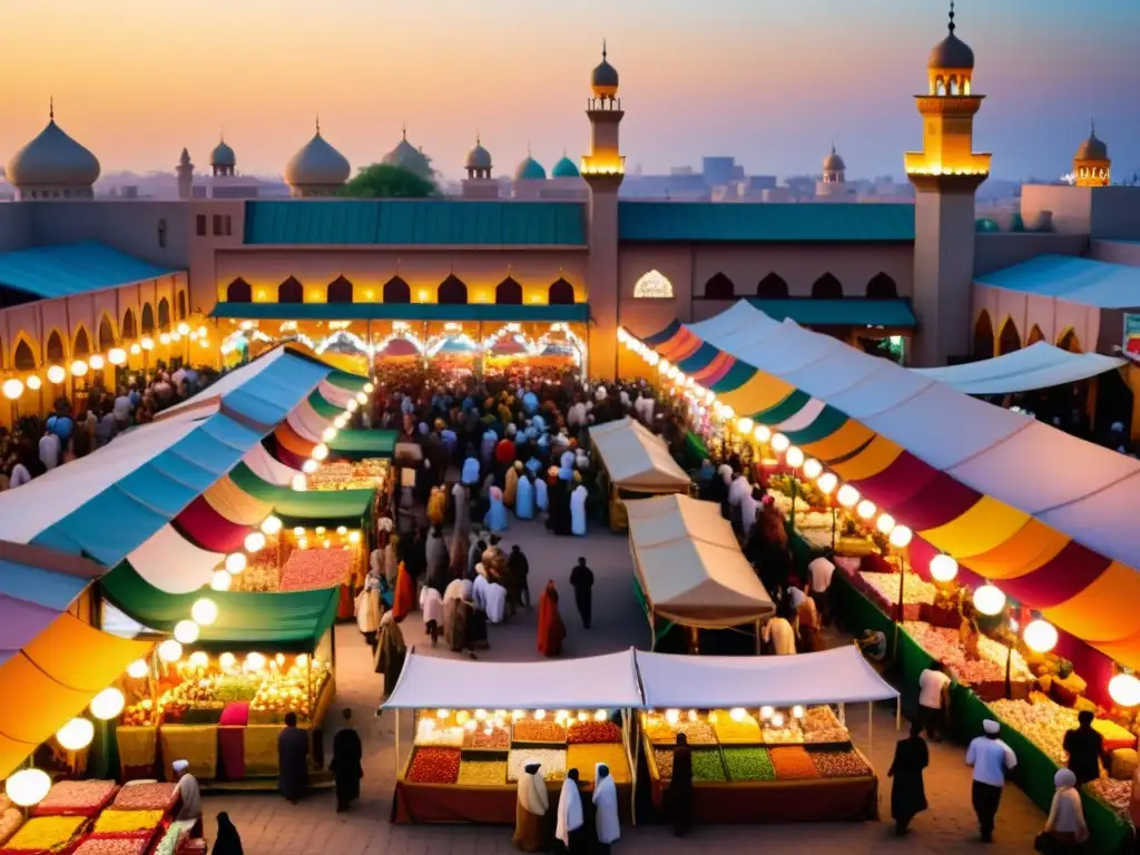 Animado mercado islámico durante Eid alFitr, con coloridos textiles, alimentos tradicionales y decoraciones festivas