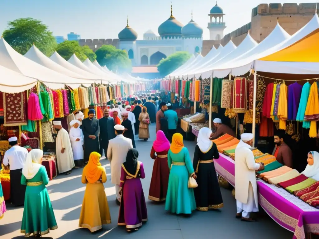 Un animado mercado lleno de coloridos trajes tradicionales y accesorios para las celebraciones de Eid al-Fitr