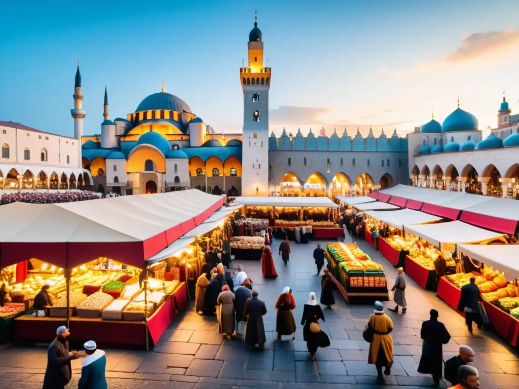 Un animado mercado medieval en Europa, con comerciantes y la gran mezquita al fondo