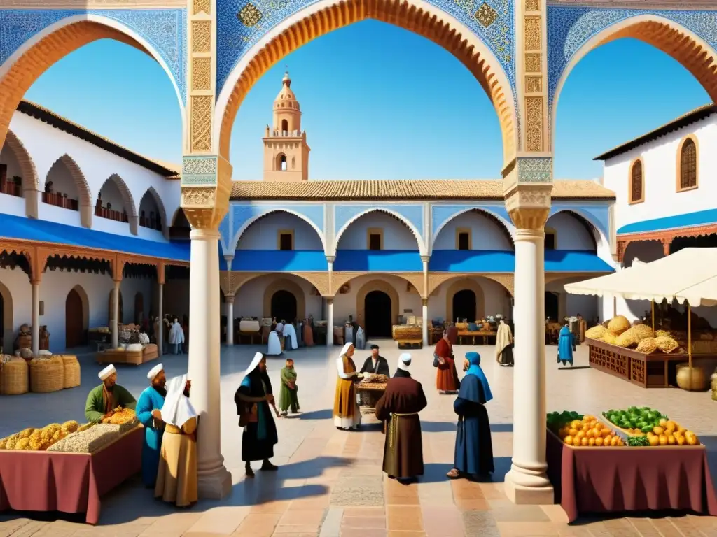 Animado mercado medieval en España, con convivencia de las tres culturas en arquitectura y comercio diverso bajo cielo azul