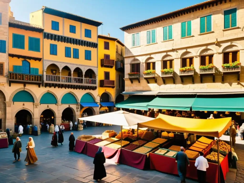 Un animado mercado medieval en España, con edificios intrincadamente decorados y comerciantes cristianos y musulmanes intercambiando bienes