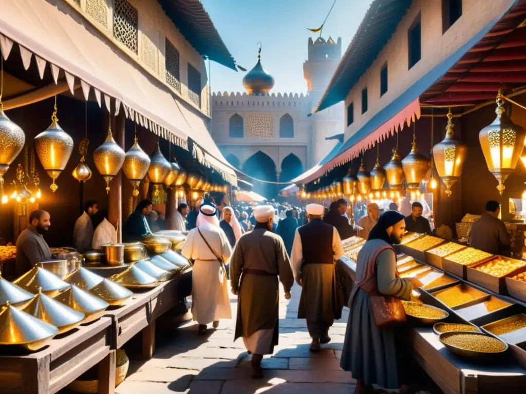 En un animado mercado medieval islámico, resplandecen las exquisitas obras de metalurgia en la cultura islámica, capturando la esencia de la época