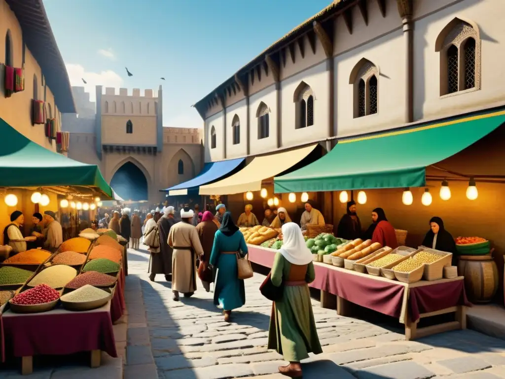 Animado mercado medieval con mercaderes, gente regateando y arquitectura distintiva, evocando las observaciones de Ibn Khaldun sobre civilizaciones