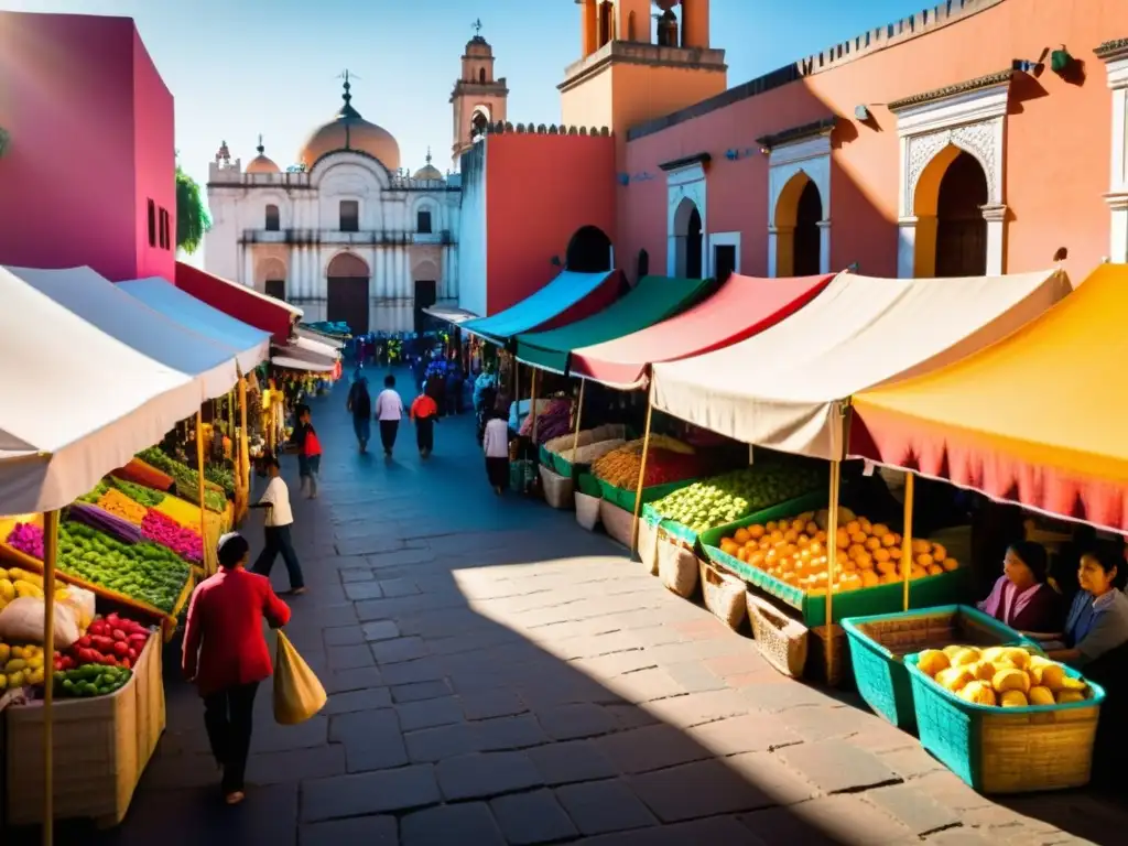 Animado mercado mexicano con vida cotidiana musulmanes México, colorido y bullicioso, con intercambio amistoso y productos tradicionales