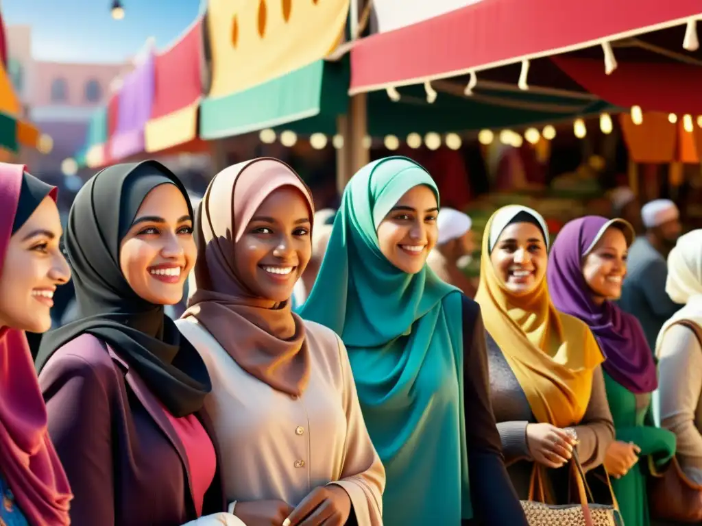 Un animado mercado con mujeres musulmanas usando hijabs de colores vibrantes, reflejando el significado cultural del hijab en varios países musulmanes