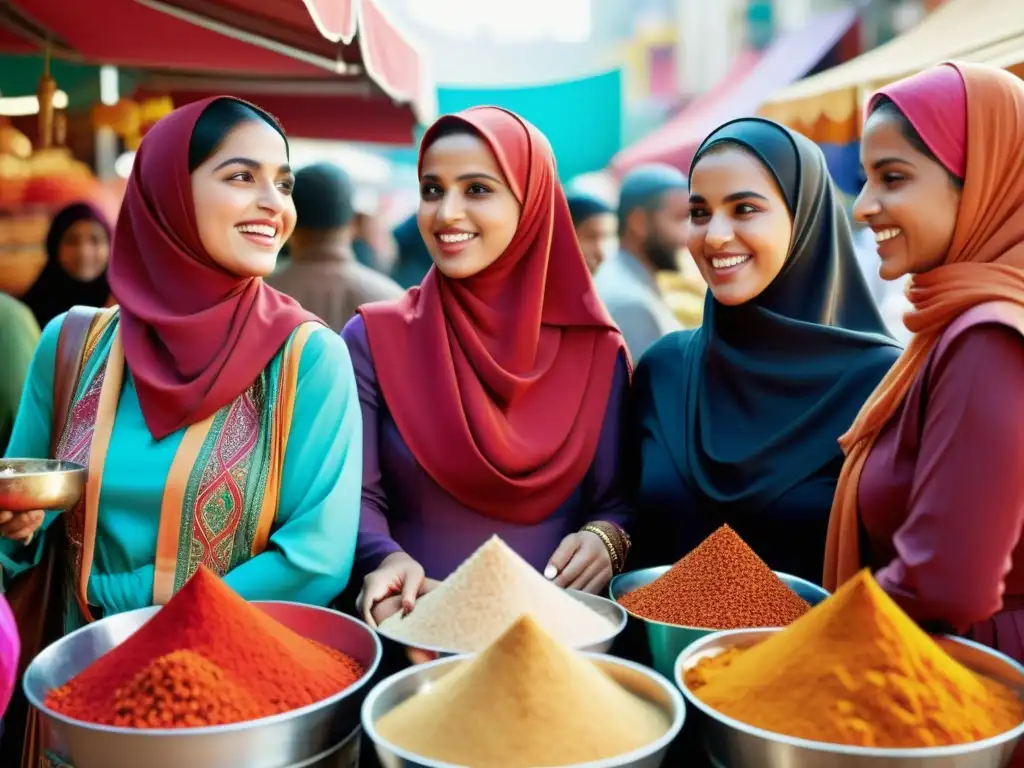 Un animado mercado con mujeres musulmanas vistiendo hijabs rojos, expresando controversia y celebración