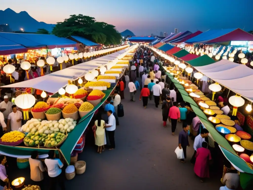 Animado mercado nocturno en ciudad del sudeste asiático, iluminado por linternas coloridas y lleno de festivales islámicos