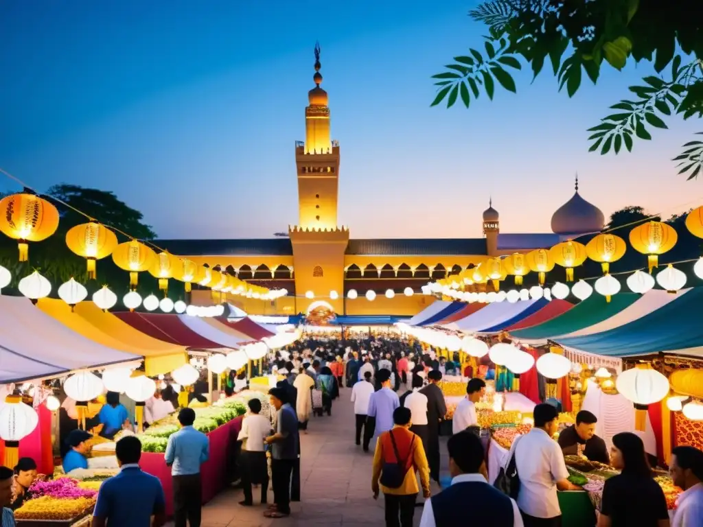 Animado mercado nocturno en Asia, con festivales islámicos, colores vibrantes y diversidad cultural