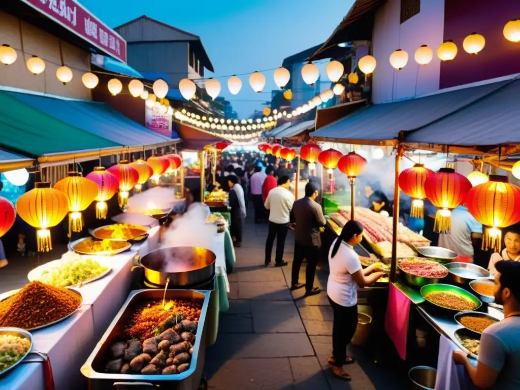 Animado mercado nocturno con gastronomía islámica en Asia oriental: vendedores preparando platos, luces y coloridas linternas