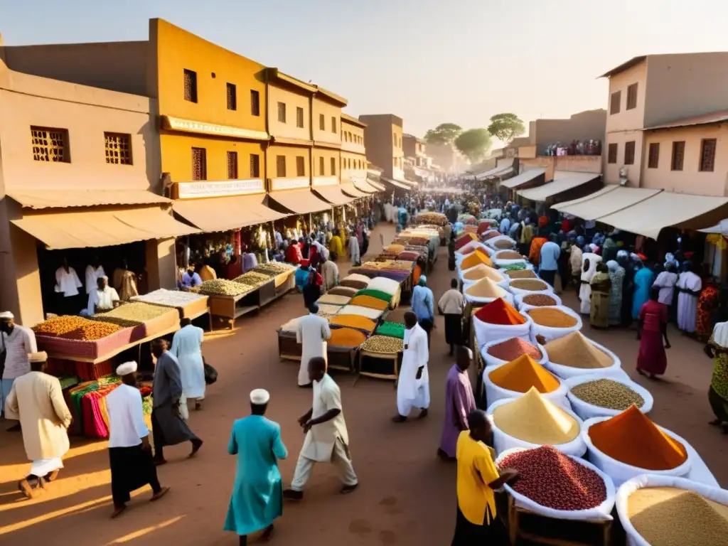 Un animado mercado en una pequeña ciudad africana, lleno de colores, aromas y tradiciones islámicas