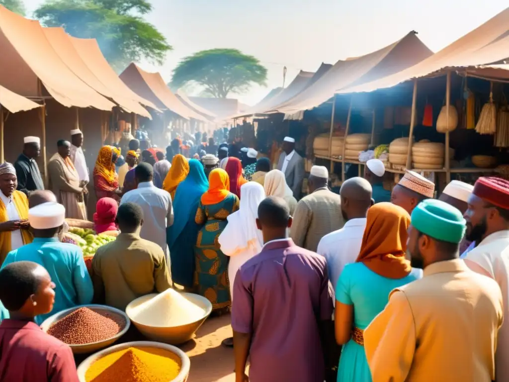 Un animado mercado en África, con personas de diferentes religiones interactuando pacíficamente