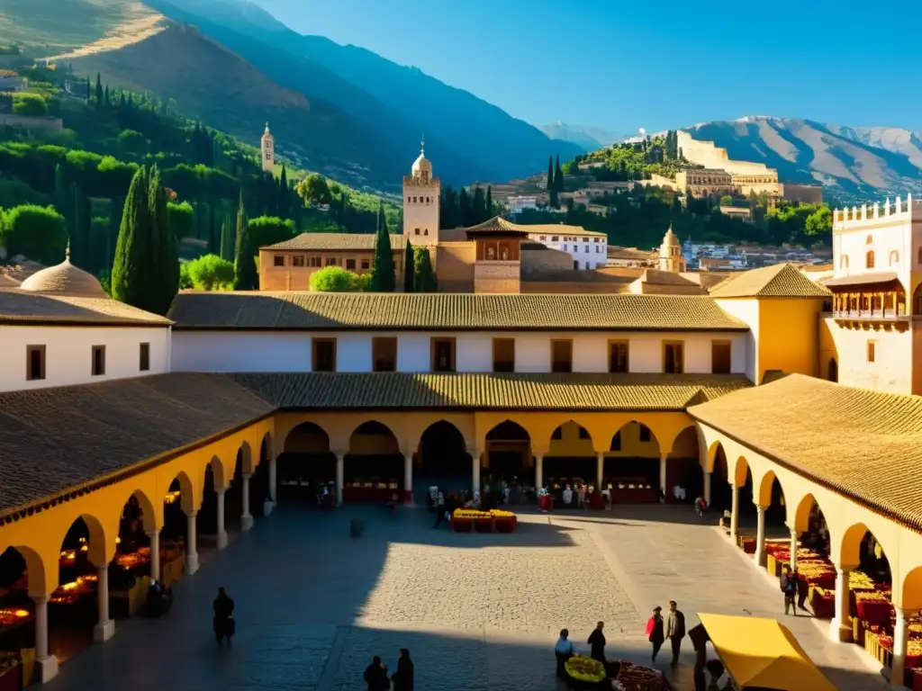 Un animado mercado del siglo XV en Granada, España, con intercambios culturales renacimiento islámico, colores vivos y música tradicional