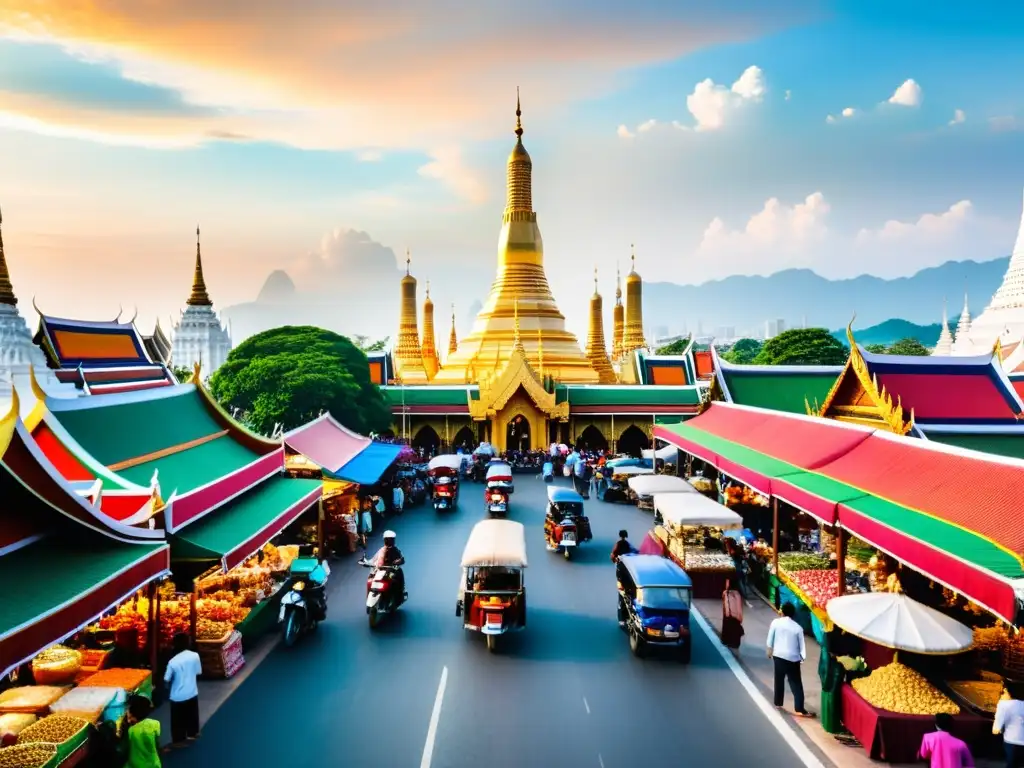 Un animado mercado tailandés con una mezquita de fondo, reflejando la coexistencia de minorías musulmanas y la cultura islámica en Tailandia