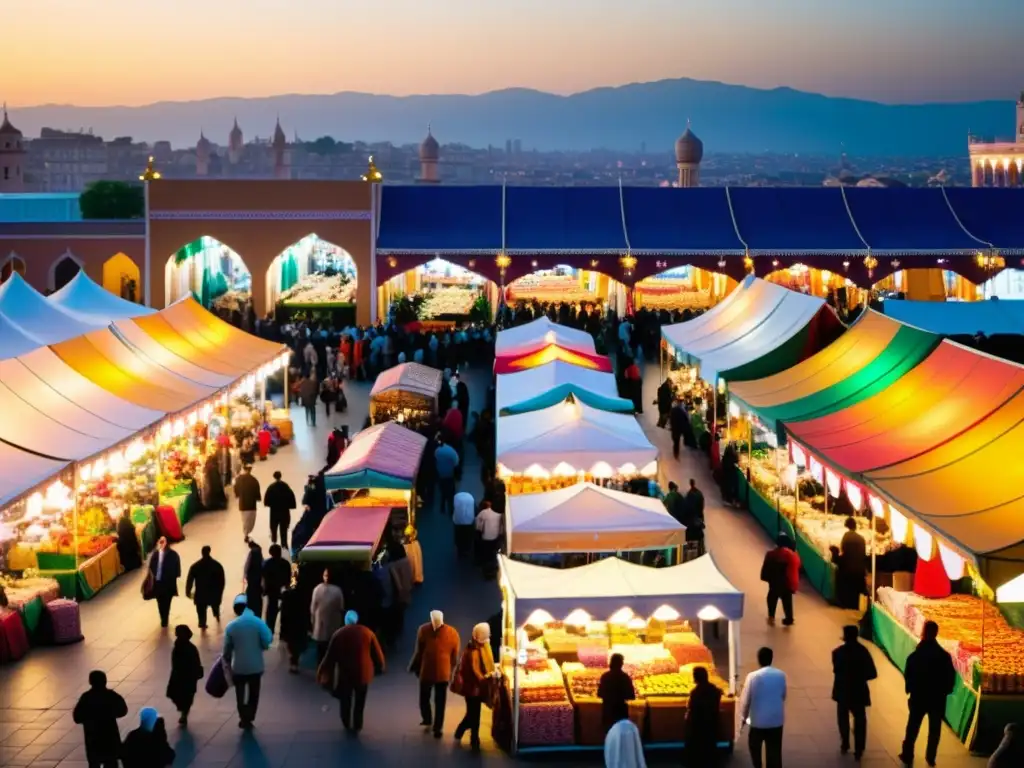 Animado mercado de tendencias mercado Halal ecommerce alimentos, con colores vibrantes y clientes comprando bajo la luz del atardecer