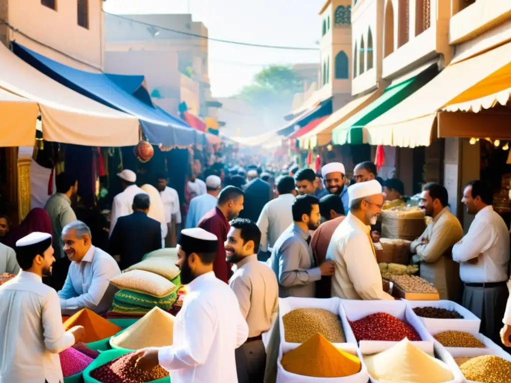 Animado mercado de Eid al-Fitr con textiles y especias coloridas, gente intercambiando saludos, sumergido en una cálida luz dorada