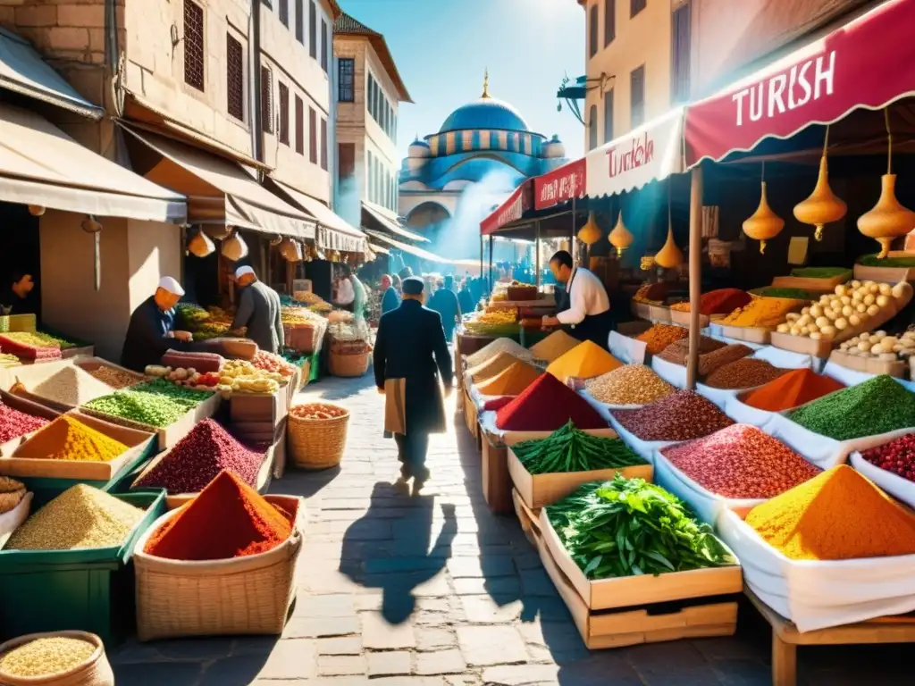 Un animado mercado turco rebosante de especias coloridas, productos frescos y platos tradicionales turcos, bajo la cálida luz del sol