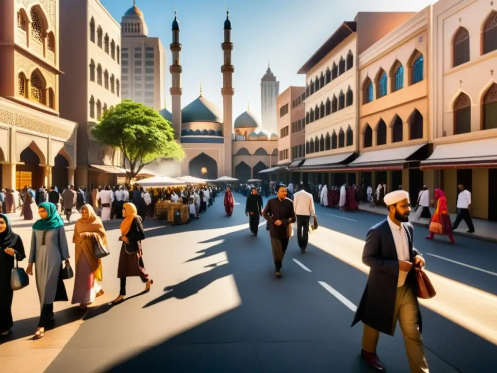 Un animado paisaje urbano musulmán contemporáneo con gente y una mezquita al fondo