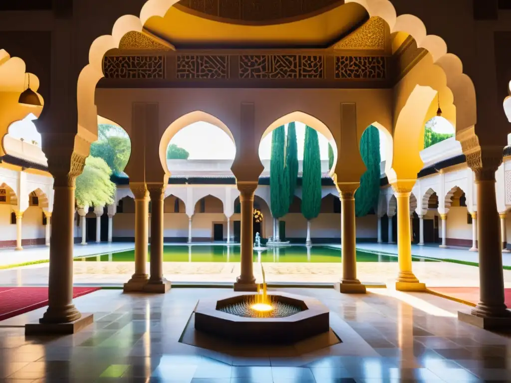 Un animado patio de una antigua madrasa islámica, bañado en cálido sol dorado, con intrincados azulejos geométricos y una serena fuente