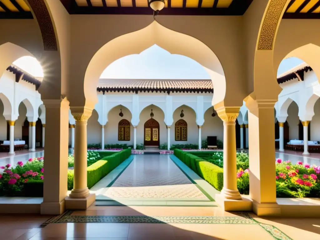 Un animado patio de un centro cultural islámico con intrincados diseños de azulejos, jardín vibrante y diversidad de personas