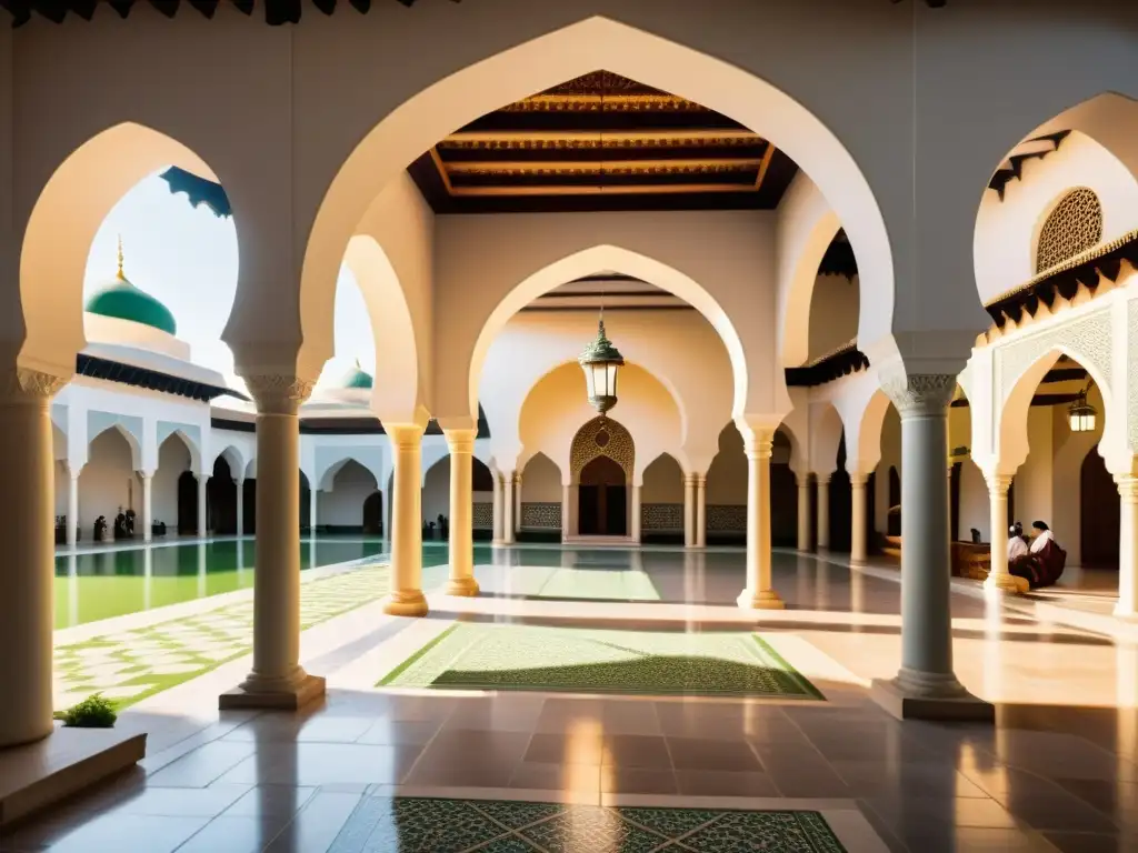 Un animado patio de un centro cultural islámico, con arcos intrincados, vegetación exuberante y actividades culturales