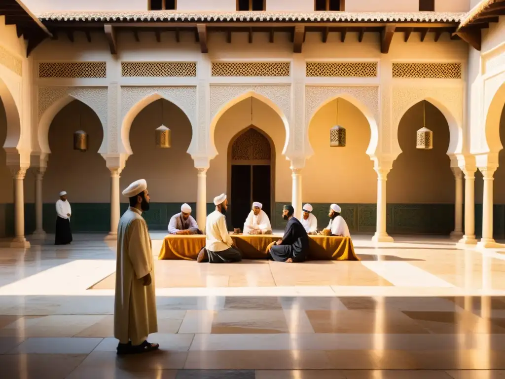 Animado patio de escuela legal islámica antigua, con debates académicos bajo arcos tallados