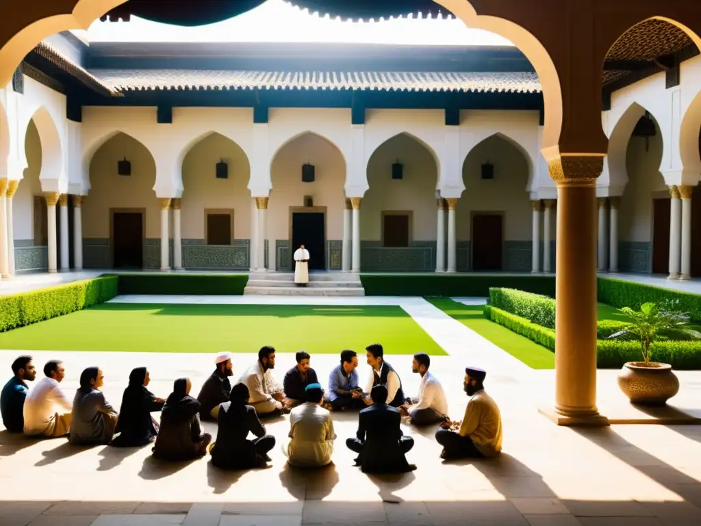 Un animado patio de madraza islámica, con debates filosóficos y arcos de mármol, mientras la luz dorada crea sombras dramáticas