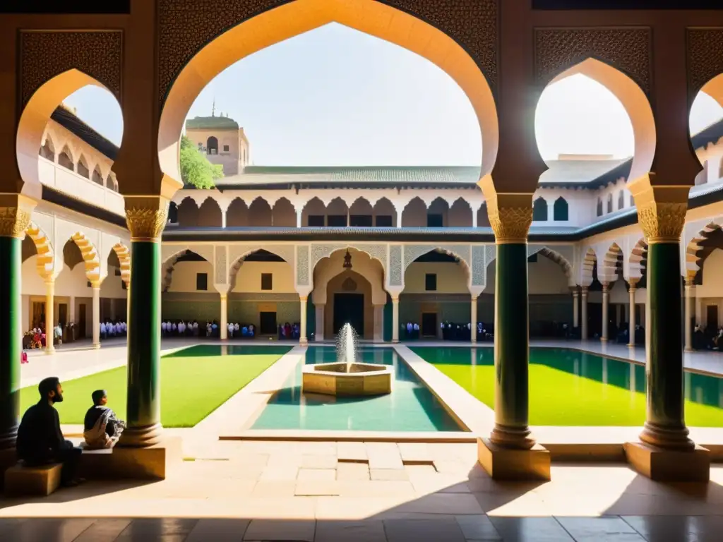 Un animado patio de una madrasa islámica tradicional, con intrincados mosaicos y arcos, estudiantes discutiendo y aprendiendo de sus maestros