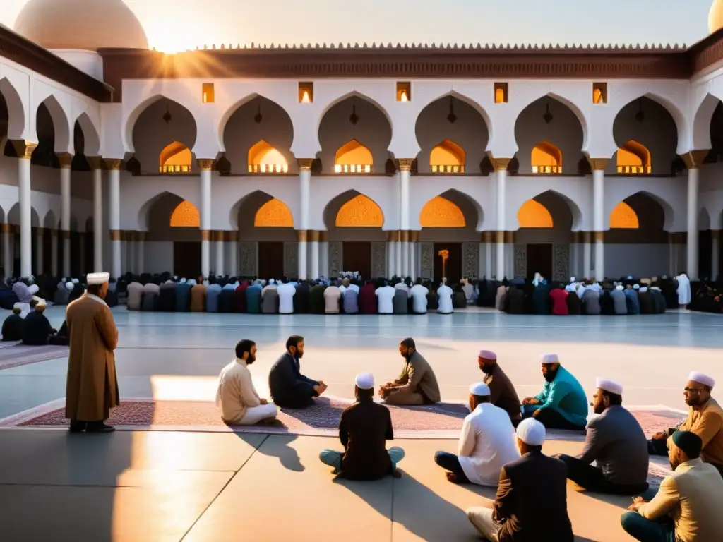 Un animado patio de mezquita donde la comunidad se reúne para orar y socializar al atardecer